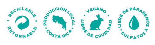 Producto Ecoamigable, Reciclable, Retornable, Vegano, Libre de Crueldad Animal, Sin Parabenos, Sin Sulfatos, Hecho en Costa Rica