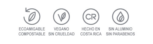 Producto Ecoamigable, Compostable, Libre de Plástico, Vegano, Libre de Crueldad Animal, Sin Aluminio, Sin Parabenos, Hecho en Costa Rica