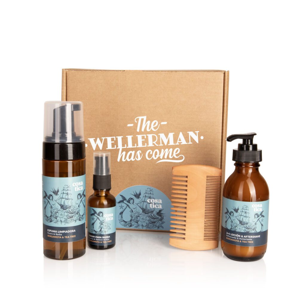 Kit Sailor para Barbudos. Aroma Bergamota & Tea Tree. Incluye: Espuma Limpiadora Rostro & Barba, 2en1 Loción & Aftershave, Serum para Barba y Peine de Madera.