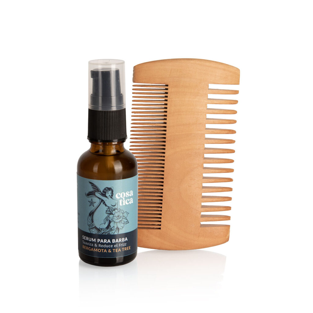 Serum para Barba y Peine de Madera. Para Hombre. Aroma Masculino a Bergamota y Tea Tree