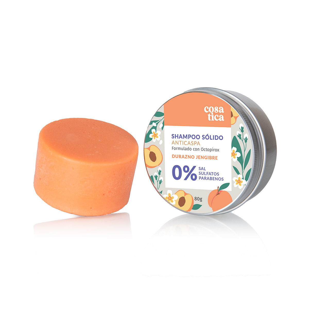 Shampoo Sólido Anticaspa aroma durazno jengibre. Con Octopirox activo anticaspa.