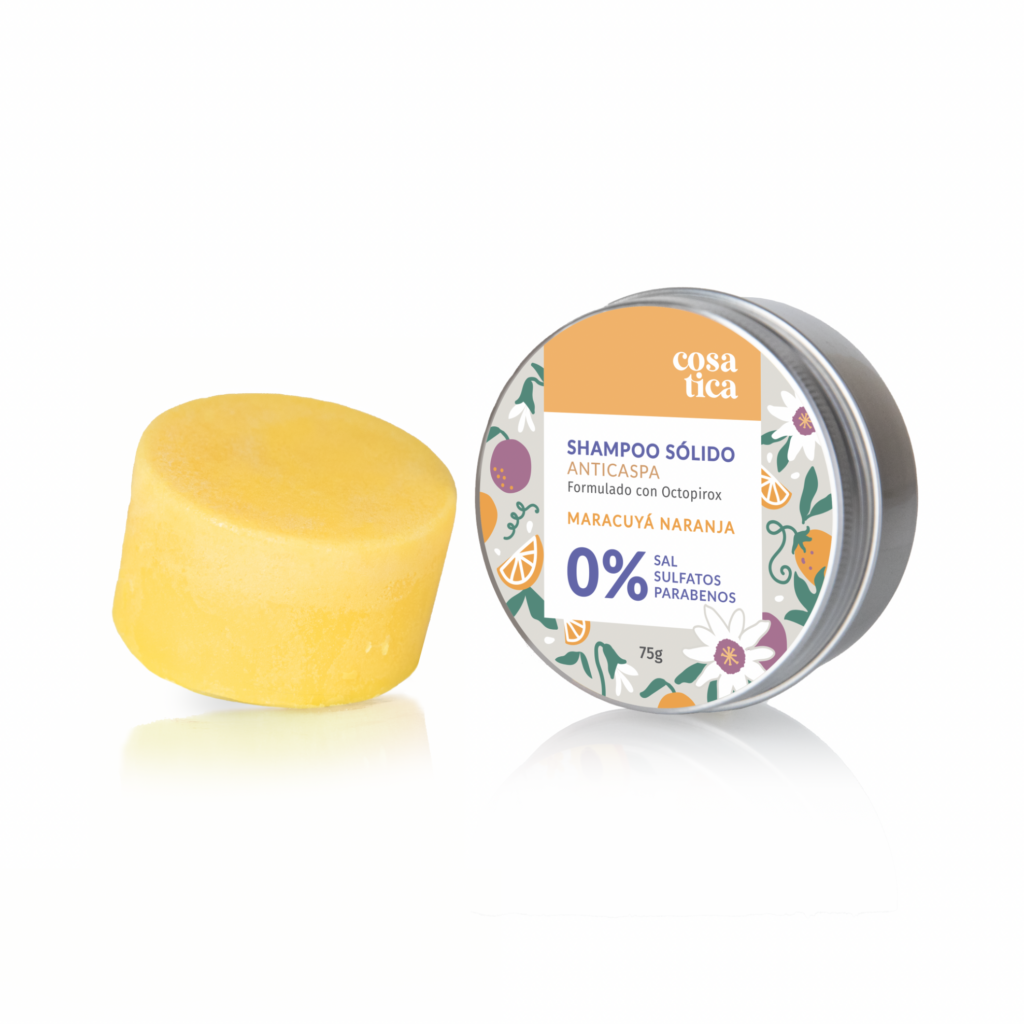 Shampoo Sólido Anticaspa aroma Maracuyá Naranja. Con Octopirox activo anticaspa.